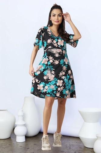 Image of POPWI1NGS Casual Printed V-Neck Short Sleeves Knee-Length Fit and Flare Dress for Women || Frokc-Style Summer Wear Dresses for Women || Loose-Fit Comfortable Women Dress for Regular Wear