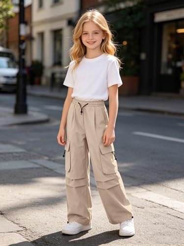 Image of SANGTREE Girls Parachute Pants Loose Lightweight Drawstring Waist Hip Hop Cargo Pants,6-16 Years
