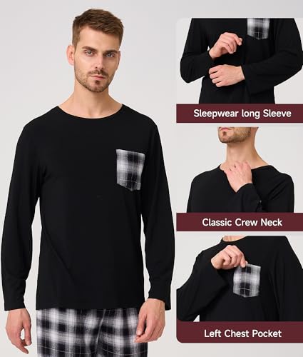 Image of BAMBOO COOL Mens Pajamas Set Plaid Pjs Pijama Long Sleeve with Pockets | Christmas Pajamas Set, Plaid Pjs, Lightweight Pijama, Long Sleeve, Woven Pants, bottoms with Pockets