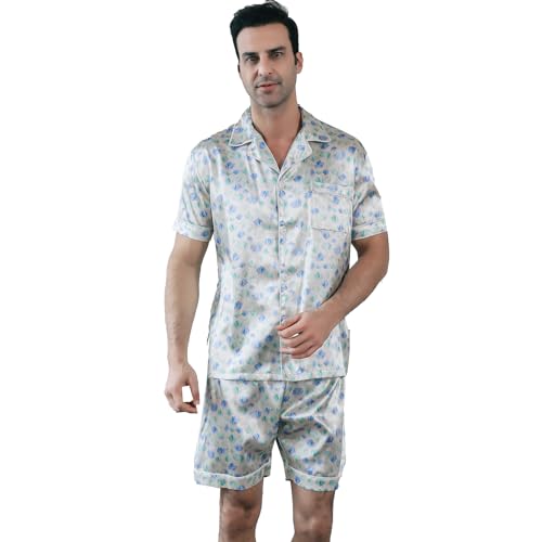 Men's Satin Pajama Set Short Sleeve Silky Short Pants Button Down Sleepwear Multicolor Silky Men's Pajama Set