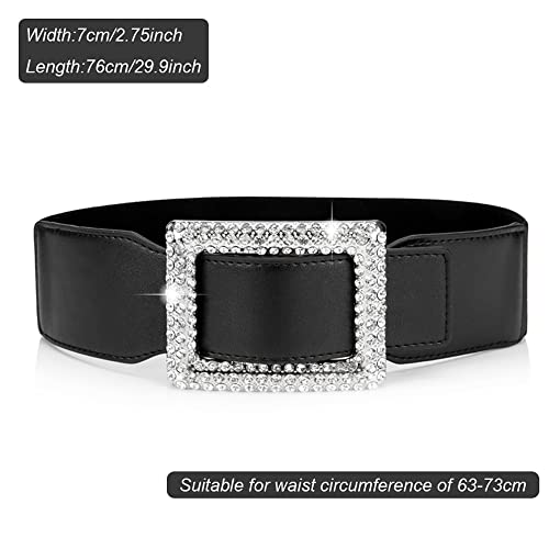 Women's Elastic Wide Waist Belt Stretchy Retro Cinch Belts Fashion Waistband with Rhinestone Buckle for Dresses Coat -Black2