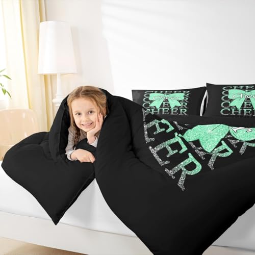 Image of Feelyou Cheer Bow Kids Comforter Set Queen Size Cheerleading Bedding Set Funny Sport Duvet Quilt for Kids Boys Girls Bedroom Green Decor Microfiber Ultra Soft Breathable
