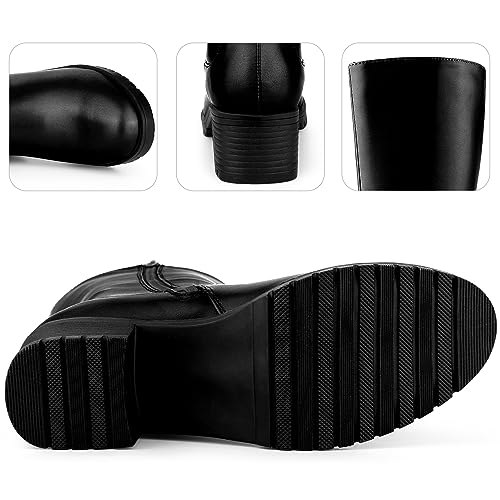 Perphy Riding Combat Boot Round Toe Chunky Heels Mid Calf Boots for Women3