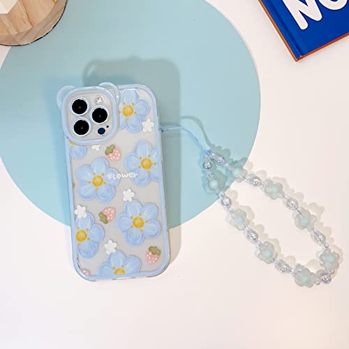 Nititop Compatible For Iphone 12 Pro Case Clear Cute Flower Floral With Chain Beaded Lanyard Wrist Strap For Girls Women Pattern Soft Tpu Shockproof Protective Girly For Iphone 12 Pro-Blue Flower #TOP1
