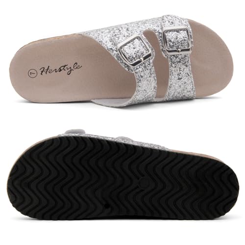 Herstyle Softey Womens Cork Footbed Sandals - Adjustable 2-Strap Comfort Slides | Slip On Open Toe Flat Sandals for Women | Summer Beach Casual Everyday Wear4