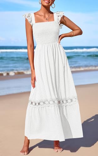 Image of PRETTYGARDEN Women's Smocked Summer Maxi Dresses 2026 Ruffle Cap Sleeve Square Neck Lace Detail Flowy Sundress with Pockets