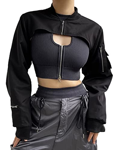 Lucrosun Women's Cutout Cropped Bomber Jacket Long Sleeve Shrug Tops Streetwear