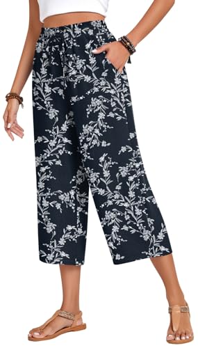 Image of Anyhold Women's Capri Pants Drawstring Casual Palazzo Trousers with Pockets Loose High Waisted Wide Leg Lounge Pants