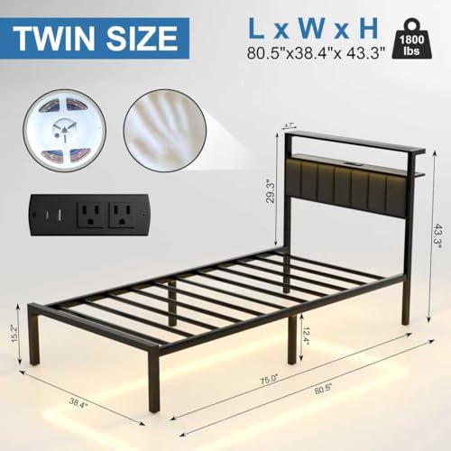 Image of J.Fkne Twin Bed Frames with Charging Station and LED Lights, Twin Size Platform Bed with Metal Slats, Upholstered Headboard with 2-Tier Storage Shelves, No Box Spring Needed, Easy Assembly, Black