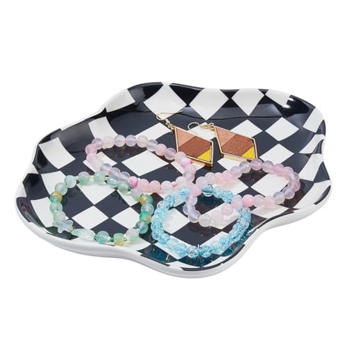 DICOSMETIC 1 plateau à bijoux en céramique noir à carreaux - Organisateur de petits nuages - 22 x 19 x 2,5 cm - Assiette à bijoux décorative pour...