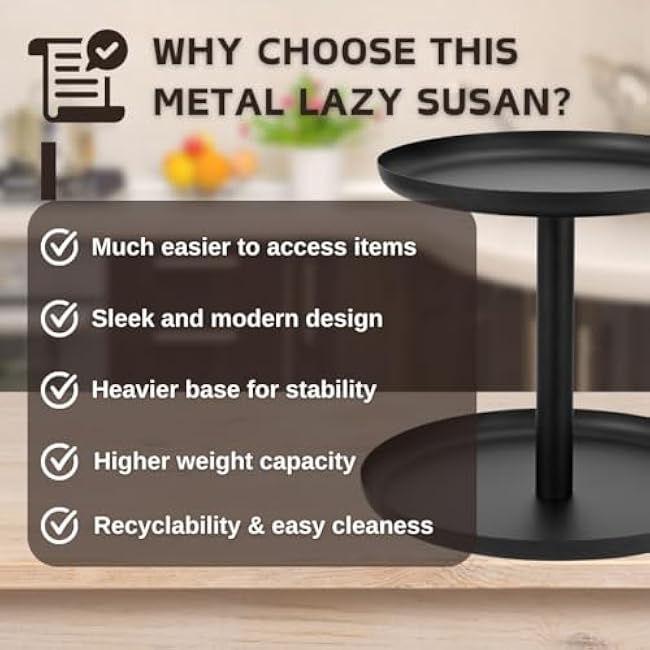 IBERG 2-Tier Metal Lazy Susan Organizer, Black, 9&10 - Modern, Rotating Spice Organizer for Kitchen & Pantry