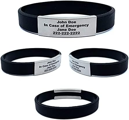 Waterproof Performance Black Skinny Sport ID Bracelet Hypo-allergenic Silicone with Free Engraving (Medium 7 3/8")