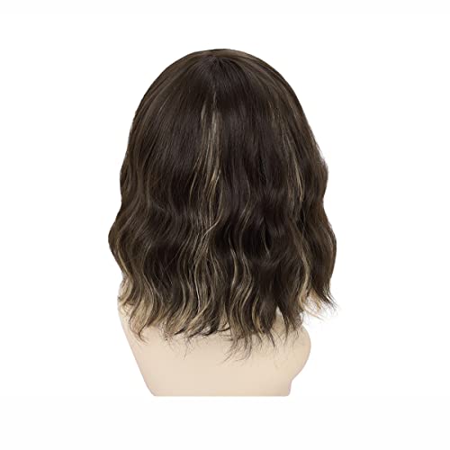 Yamel Wavy Bob Wig with Bangs Dark Brown mix Bleach Blonde Wig Synthetic Hair Shoulder Length Short Curly Wigs for Women - Image 3