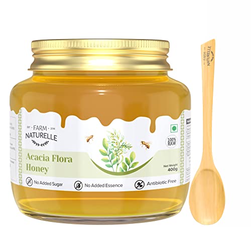 Image of Farm Naturelle Acacia Flora Wild Honey 400g |100% Pure Honey | Raw & Unfiltered|Unprocessed|Lab Tested Honey In Glass Jar with Engraved Virgin Wooden Spoon