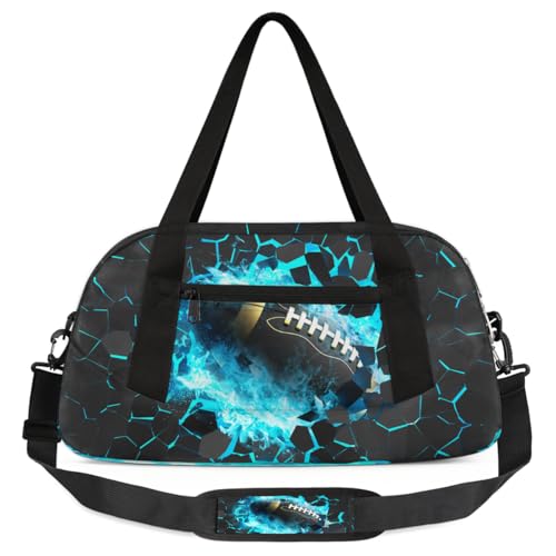 Gym Travel Duffle Bag for Boys - Blue 3D Football Kids Overnighter Weekend Bag with Front Zipper Pocket for School Practice, Teens Carry-On Size Sleepover Bags