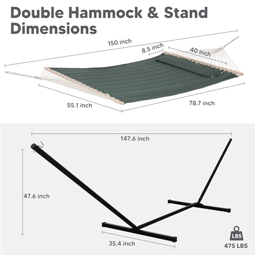 Image of SUNCREAT Hammocks Extra Large Double Hammock with 12 ft Stand, 475lbs Capacity, Outdoor Portable Hammock with Hardwood Spreader Bar, Extra Large Pillow, Gray Green