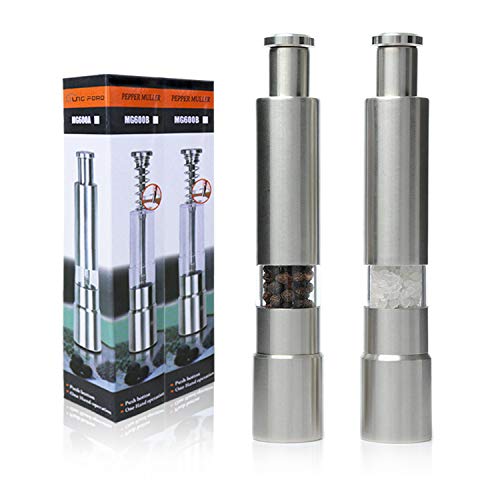 [Set of 2] Premium Stainless Steel Salt Grinder & Pepper Mill Set for Peppercorns Sea Salt Himalayan Salt and Spices, Thumb Push Button for 1 Hand Operation