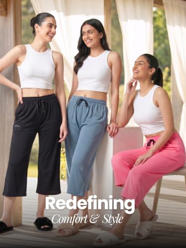 Image of Fflirtygo Women's Cotton Plain Calf Length Capri | Nightwear Pajama | 3 /4th Solid Pyjama Pant | Black Navy and Lavender Lounge Pants | Casual wear & Lounge Wear Capri Combo (Pack of 3)