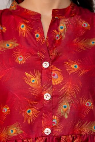 Image of Women's Printed Peplum Top | Ethnic Feather Print Kurti Style Top | Mandarin Collar, 3 /4 Sleeve | Casual & Office Wear for Girls & Women | Maroon