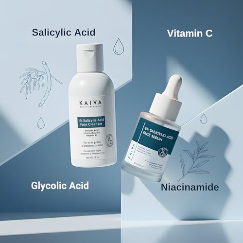 Image of KAIVA Salicylic Acid Combo - 1% Facewash + 2% Salicylic Serum | Complete BHA Skincare Kit | Oil-Control, Acne-Prone, Smooth & Clear Skin (Face Serum, Face Wash)