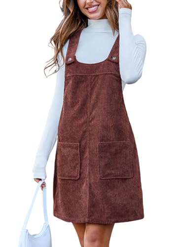 CUPSHE Damen Cord Latzkleid U-Ausschnitt Ärmellos Herbst Hosenträger Freizeitkleider mit Taschen Mini Dress Braun M