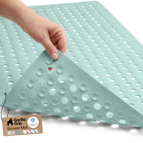 Image of Gorilla Grip Patented Bath Tub and Shower Mat, 35x16, Machine Washable, Extra Large Bathtub Mats with Drain Holes and Suction Cups to Keep Floor Clean, Soft on Feet, Bathroom Accessories, Mint Opaque