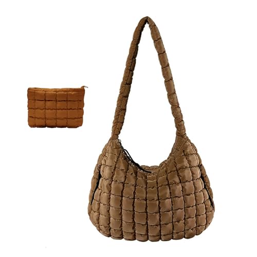 Women Large Quilted Tote Bag Lightweight Quilted Carryall GYM Bag Soft Puffy Crossbody Bag Hobo Handbags Wallet (Brown)