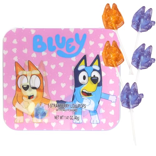 Bluey Valentine’s Lollipops Tin, Individually Wrapped Strawberry Suckers, Vday Candy