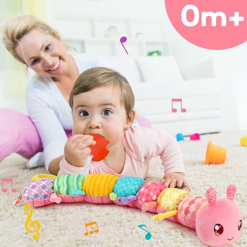 baby girls toys 0-6 month music animal stuffed caterpillar toy for infant 0-3 3-6 months with mirror crinkle rattle tummy time sensory toys for 3 4 5 6-12 month old newborn baby shower birthday gifts