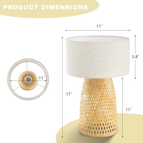 Image of Boho Bamboo Table Lamp, Handwoven Bedside Lamp with Linen Shade, Small Natural Weave Nightstand Light for Living Room, Tea Room, Desk,Beige