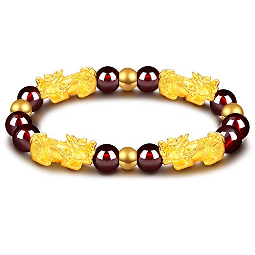 Feng Shui Amulet Bracelet The Best Prosperity 8mm Red Garnet Bead Bracelet with 4 Gold Plated Pi Xiu/Pi Yao Lucky Wealthy Brecelet
