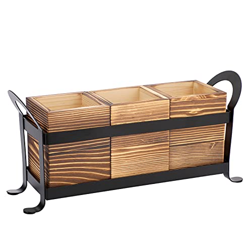 BTSKY Organizador de cubiertos de madera con bandeja de metal, organizador de cubiertos de 3 compartimentos, caja de almacenamiento de utensilios para encimera de cocina, organizadores de