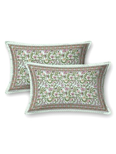 Image of Urban Jaipur 100% Cotton Bedsheet for Double Bed (90 x 108 Inches) | 210 TC King Size Bed Sheet for Double Bed with 2 Pillow Covers | Pure Cotton Jaipuri Bedsheet (Red, Green)