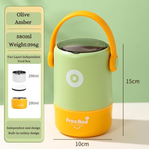 Image of YELONA 580ml Double Layer Lunch Pot for Kids & Adults | Stainless Steel 304 Bento Food Jar | Headphone Style Handle | Leak-Resistant, Two Compartment Tiffin Box (Oliver Amber)
