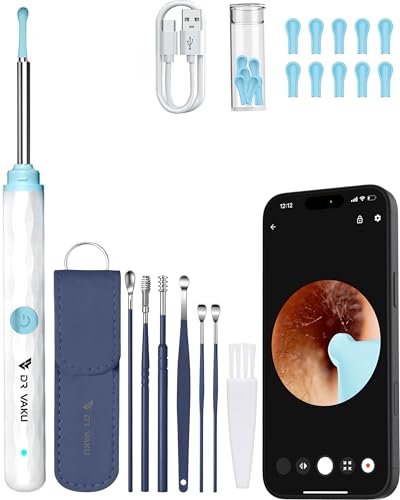 Image of Dr Vaku Earocam Ear Cleaner Earwax Removal Tool with Extra Cleaning Kit (Set of 7) HD Camera Wifi Connection & 6 LED Lights Endoscope Tool + 11 Silicone Tips Free & Storage Case-White /Blue
