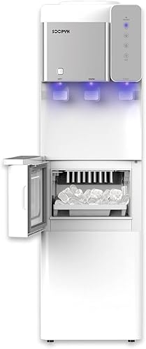 Dispensador de enfriador de agua con máquina de hielo  Dispensador de agua de carga superior de 3 o 5 galones  3 ajustes de temperatura  27 libras