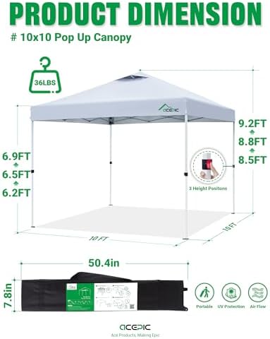 Acepic 10x10 Pop Up Canopy Tent, Easy Setup Portable Shelter, White, 10*10S — view 7