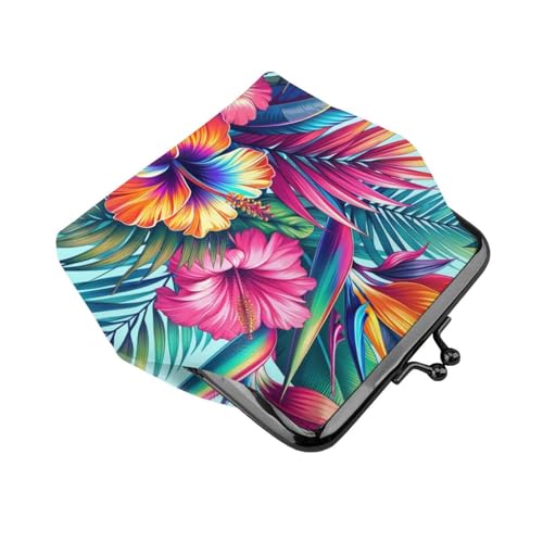 Pu Leather Buckle Coin Purse Hibiscus-Bird-Lush-Palm Girls Kiss-Lock Change Purse Wallets3