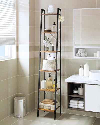 Image of Hzuaneri 6-Tier Ladder Shelf, Narrow Bookshelf, Freestanding Bookcase, Corner Storage Shelves with 2 Hooks for Home Office, Living Room, Kitchen, Bedroom, Industrial, Rustic Brown and Black BC13301B