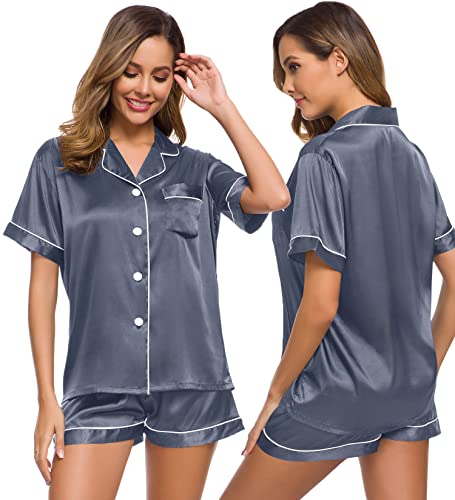 Image of SWOMOG Womens Silk Satin Pajamas Short Sleeve Sleepwear Button Down Loungewear Two-Piece Pj Set Deep Gray