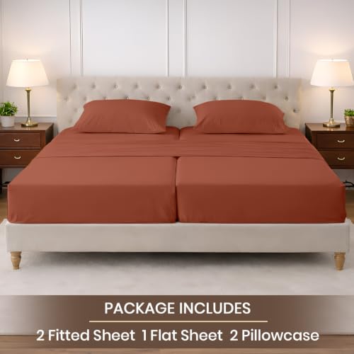 Image of SGI Split King Sheet Set for Adjustable Bed Egyptian Premium Cotton 600 Thread Count Sheets for Sleep Number Bed 15 inch Deep Pocket 5 Pc Set with 2 Twin XL Fitted Sheets Soft Breathable - Terracotta