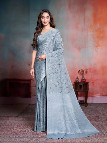 Image of Garden Vareli Floral Print Crepe Saree With Unstitched Blouse Piece