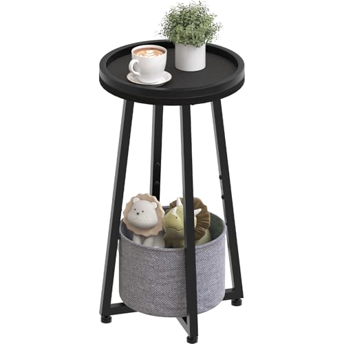 Image of HOOBRO Small Round Side Table, 2-Tier Round Sofa End Table, Compact Nightstand with Fabric Storage Basket, for Small Space, Living Room, Bedroom, Dorm, Black and Gray BB183BZ01