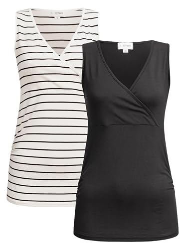 Herzmutter Stilltop-Umstandstop - 2er-Set - Oberteil für Schwangerschaft - mit Stillfunktion - 6700 (L, Schwarz|Gestreift)