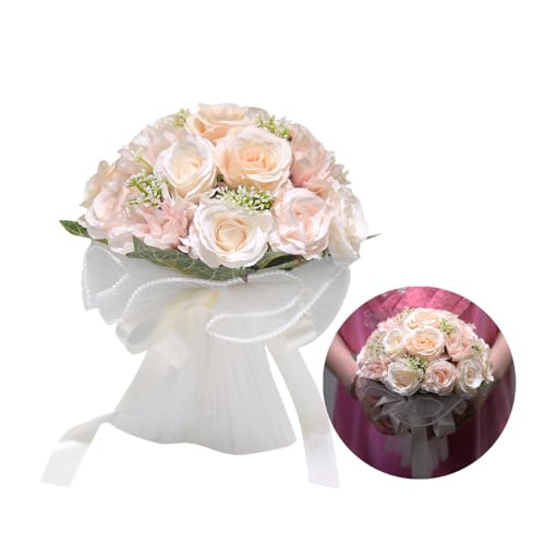 Ramo de rosas artificiales de gasa, ramos de boda para novia, 18 ramos de flores para decoración de despedida de soltera, ceremonia, aniversario, regreso a casa (rosa claro y blanco)