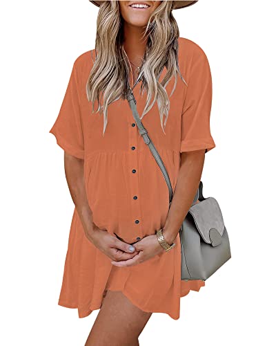 Image of PYGFEMR Women's Short Sleeve Babydoll Dress Button Down Dresses with Pockets