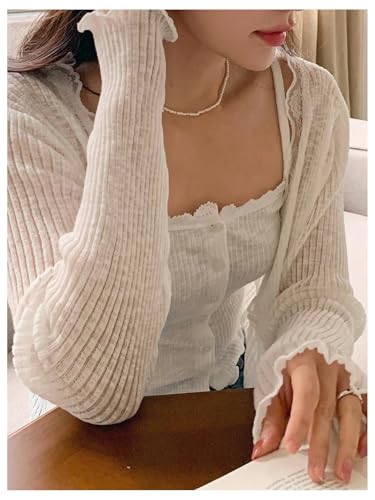 GORGLITTER Women's Button Up Lightweight Cardigan Sheer Lace Trim Long Sleeve Open Front Fall Knit Tops4