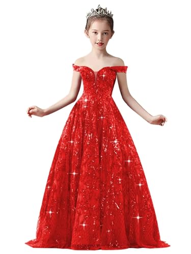 Off Shoulder Sequin Pageant Gowns Floral Flower Girl Dresses Sparkly Lace Applique Ball Gowns for Girls