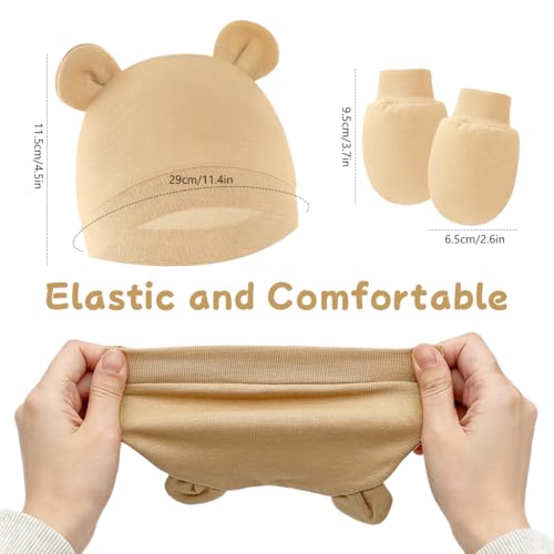 Image of SNOWIE SOFT 3-Pack Cotton Baby Mittens Set 0 to 6 Months, Soft Stretchy Infant Hats with Cute Bear Ears, Newborn Warm Caps and Mittens Multicolour