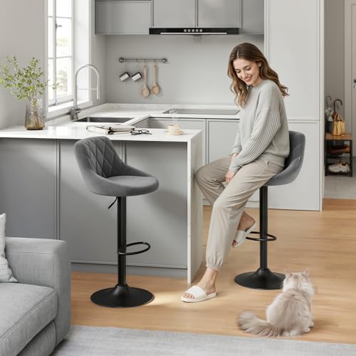 WOLTU Bar Stools Set of 2 Breakfast Bar Chairs Swivel Dining Stools, Height Adjustable Kitchen Island Barstools, Dark Grey Velvet Upholstery, Metal Footrest & Base - Image 3